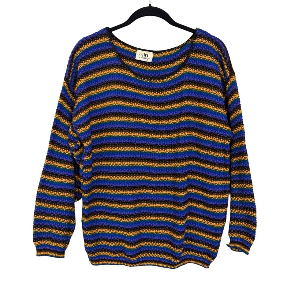 Vintage In Charge Women Sweater Size L/XL Blue Oversized Stripe Knit Retro Comfy - Picture 2 of 5